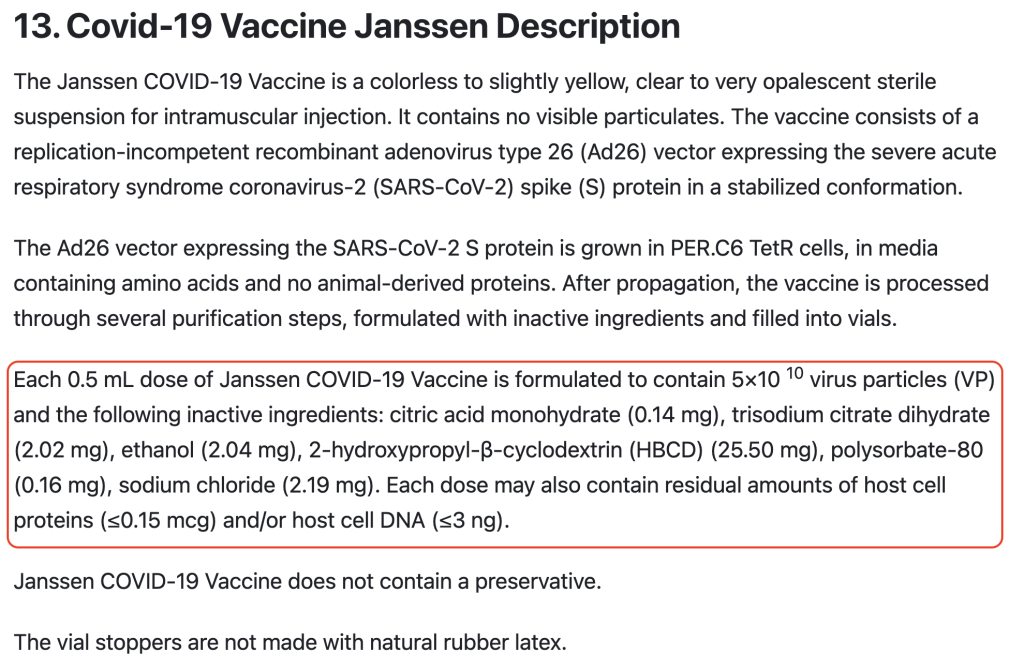 Janssen/J&J Vaccine Ingredients